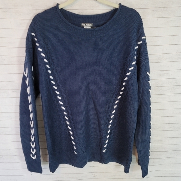 VENUS NAVY BLUE KNIT SWEATER , SZ LARGE - Picture 1 of 12